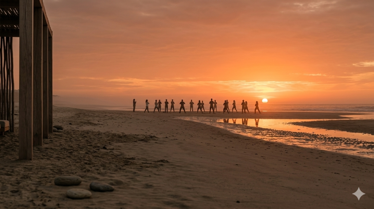 Group wellness activity on the beach at sunset, showing consistent guest experience in wellness hospitality